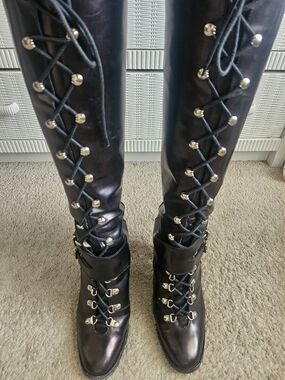 Michael Kors Deep Burgundy Metallic Lace-Up Knee High Women's Boots 8 1/2 Rare